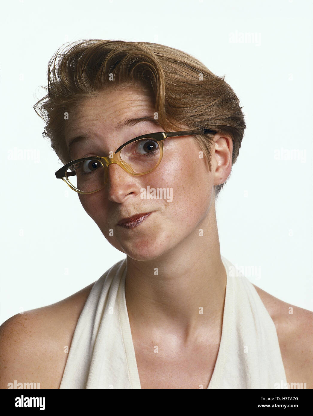 Woman Glasses Facial Play Doubtful Portrait Inside Young