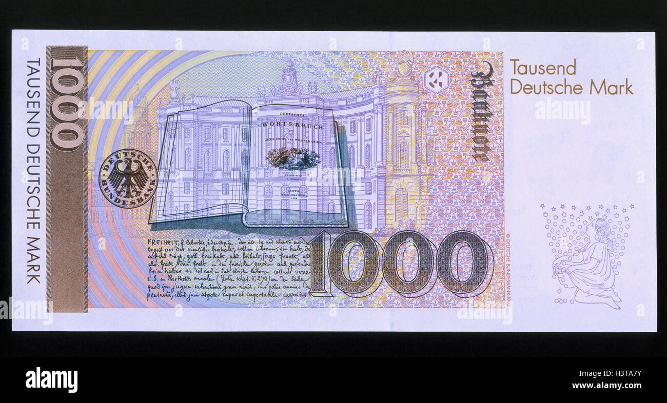 1000-mark light money, banknote, Deutsche Mark, 1000 marks light, currency, old currency, bank note, Stock Photo
