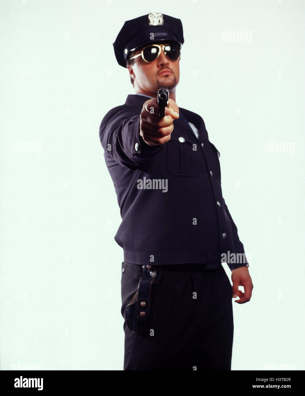 Policeman, sunglasses, gun, aim, studio, cut out, occupation, police, arms, security staff, marking, watch, police force, fight against crime, uniform, uniformed, entry, police entry, Stock Photo