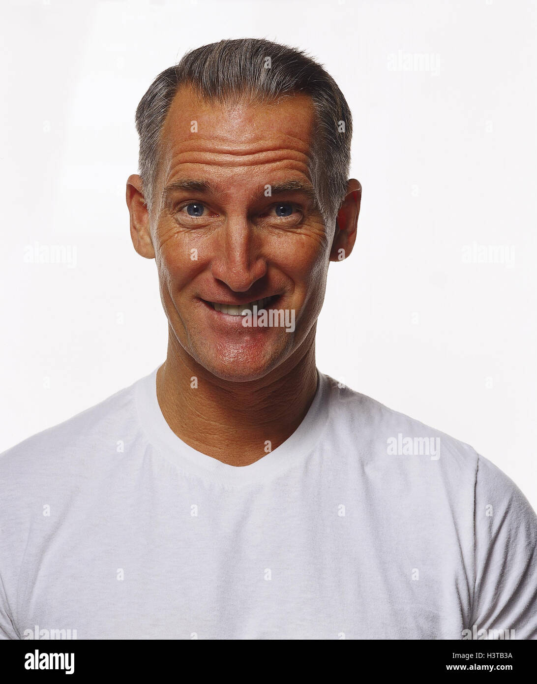 Man, middle old person, T-shirt, white, smile, portrait, man's portrait, forehead, wrinkle, grin, unnerves interrogatorily, happy, cut out, Stock Photo