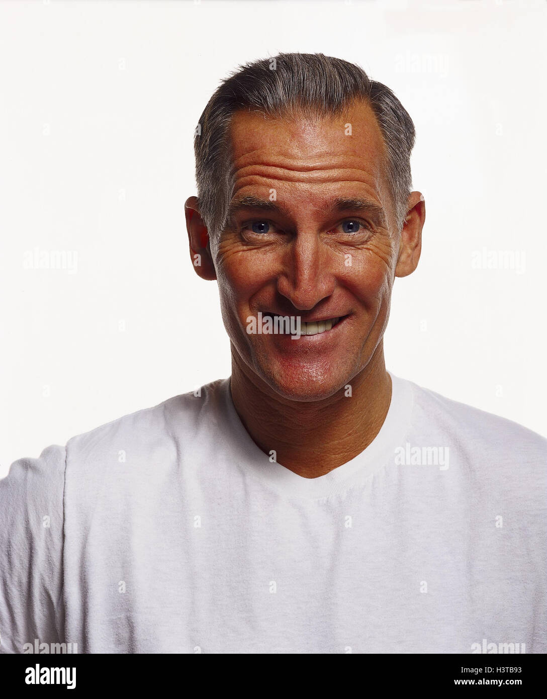 Man, middle old person, T-shirt, white, smile, portrait, Men, man's portrait, forehead, wrinkle, happy, grin, interrogatorily, cheerfully, in a good mood, funnily, cut outs, studio, near, Stock Photo