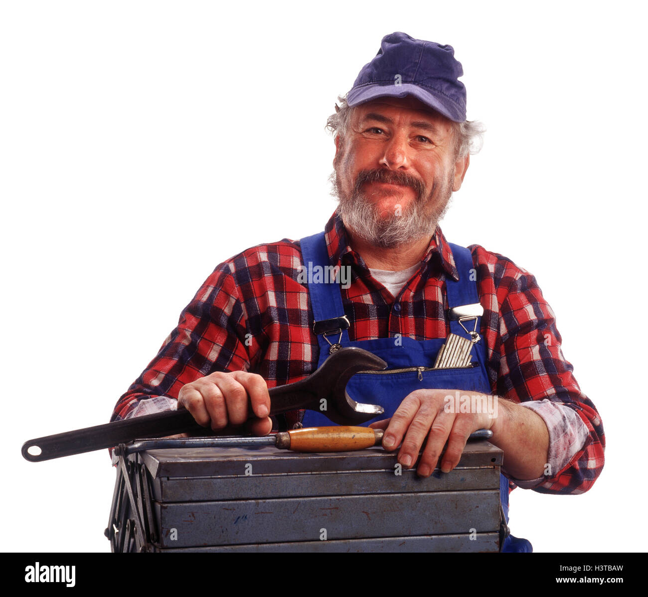 Plumber, happily, toolbox, spanner, half portrait, professions, studio, copy space, craftsman, man, boss, worker, working clothes, overall, Stock Photo