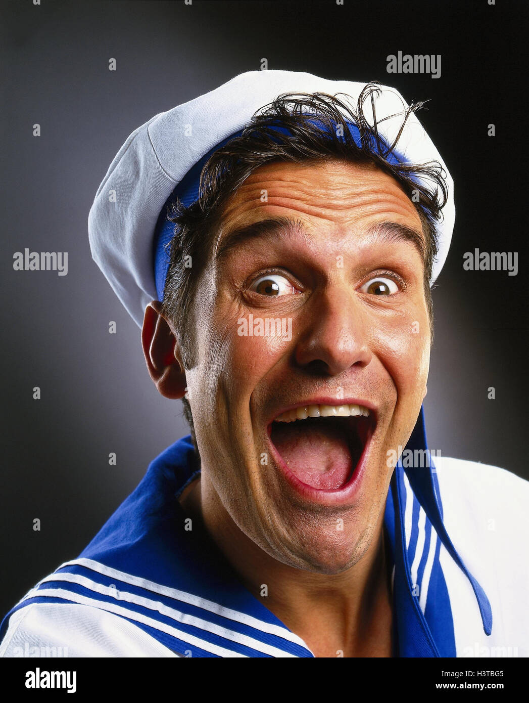 Sailor, facial play, enthusiasm, portrait, professions, studio, cut out, surprise, is surprised, astonishment, astonished, man, young, enthusiastically, surprises, Stock Photo