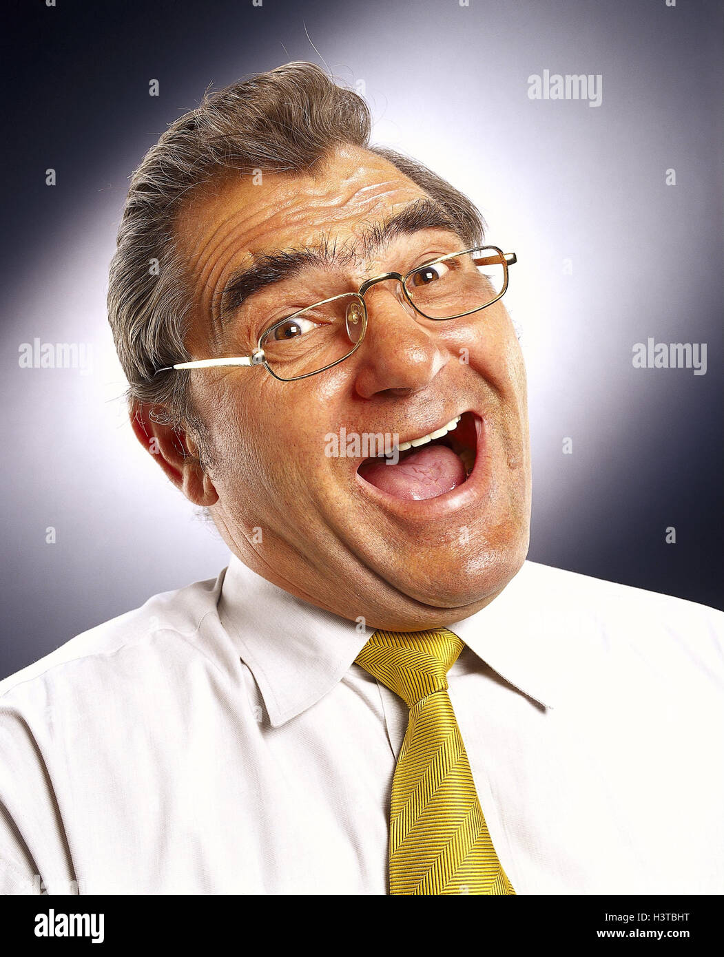 Man, middle old person, glasses, shirt, tie, facial play, laugh, happy, portrait, Men, studio, hairs, grey, mouth, openly, cheerfully, pleases, enthusiasm, joy, fun, humor, Stock Photo