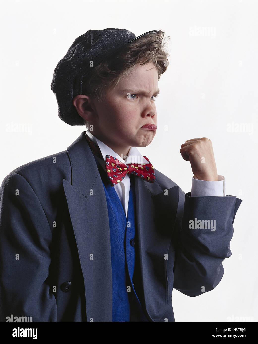 Boy, cap, suit and fly, gesture, concentrated fist mb 137 A5 Stock Photo