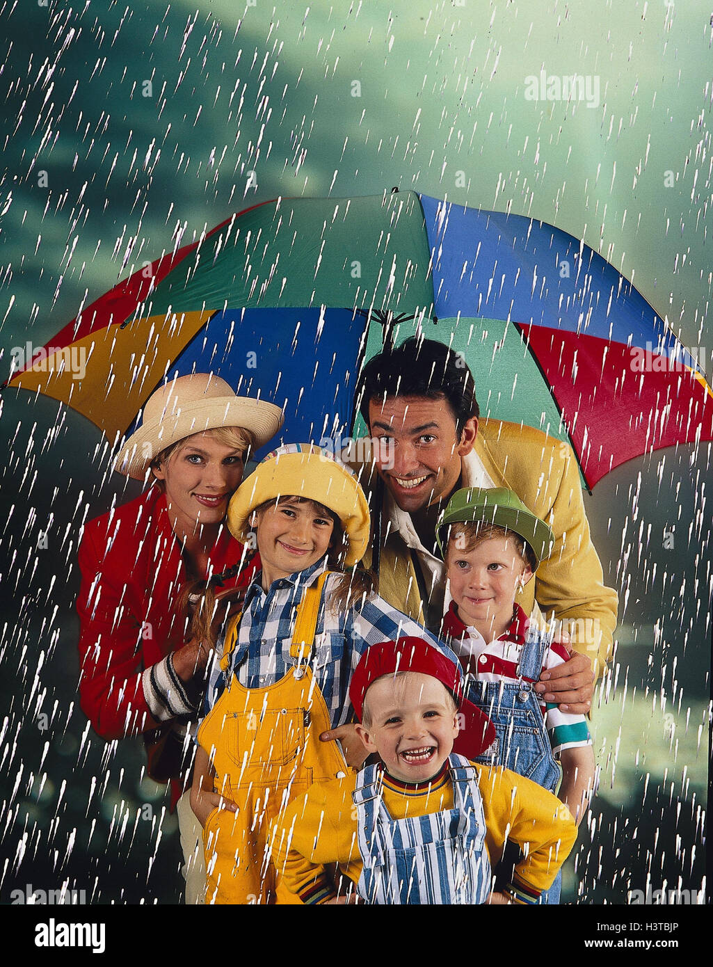 Rains, family, umbrella, parents, children, three, rain, thunderstorm, near, Stock Photo