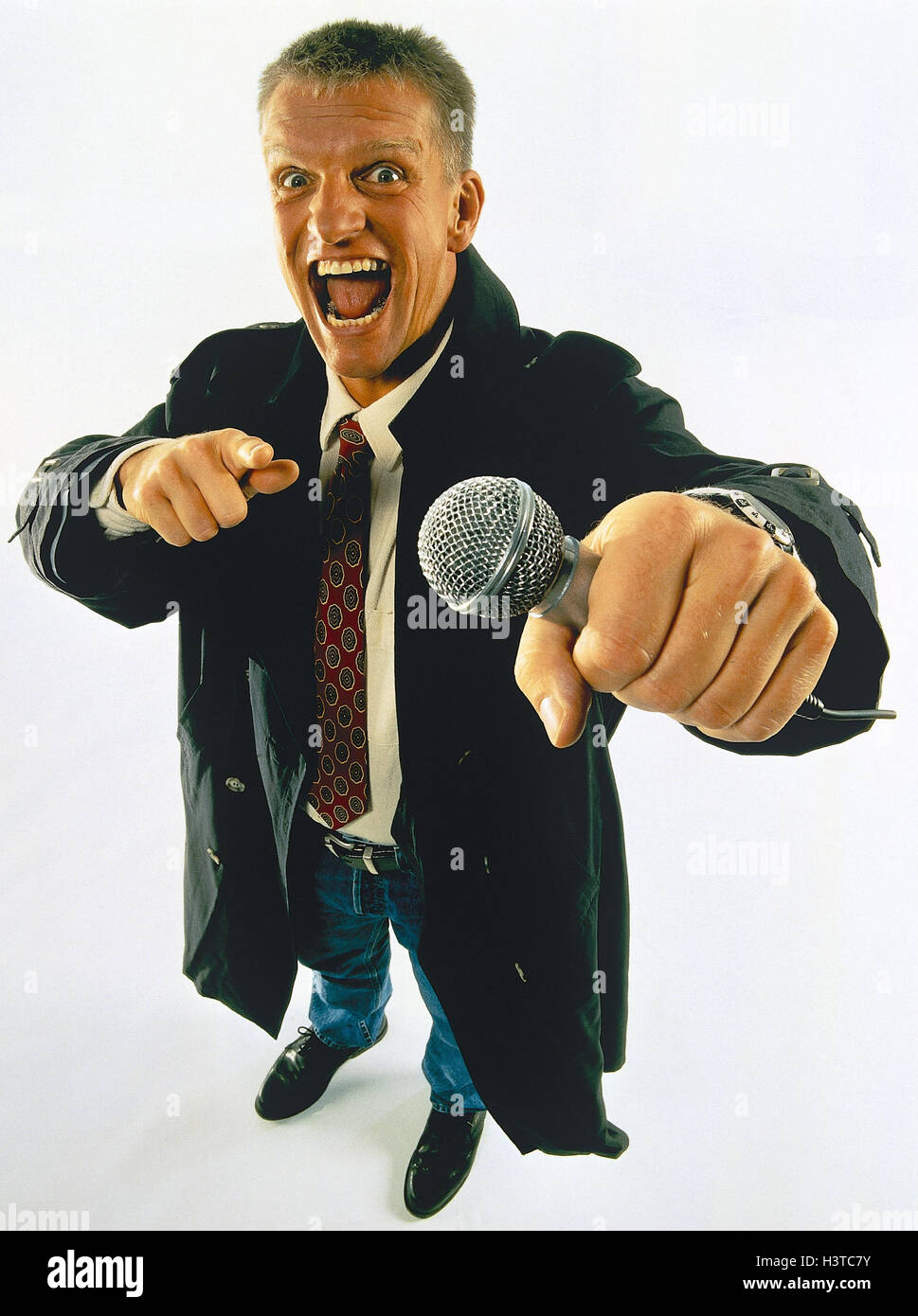 Reporters, microphone, interview, gesture, man, facial play, shout, loudly, volume, excessively, enthusiasm, occupation, media, press, press work Stock Photo