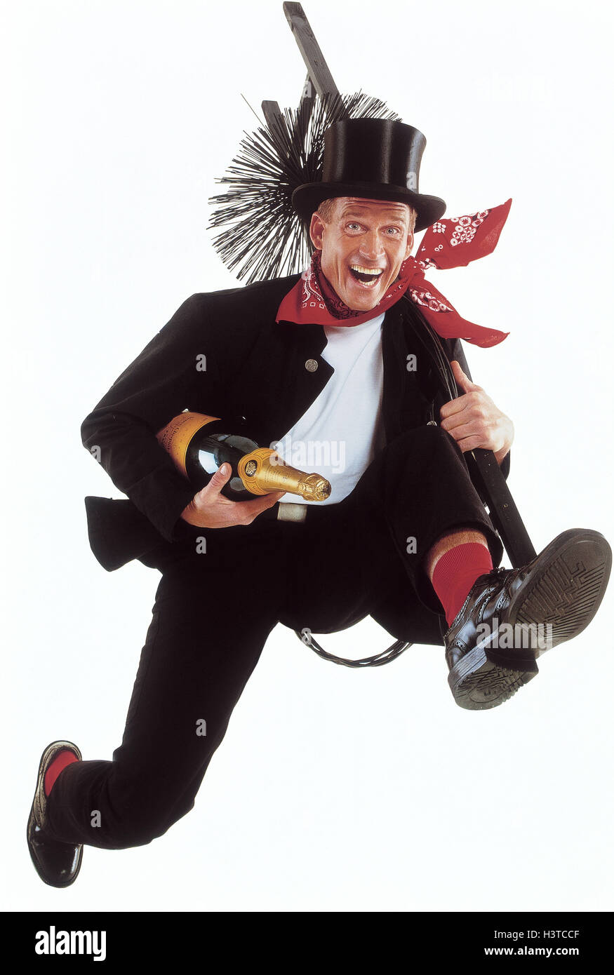 Chimney sweeps, champagne Bottle, caper, joy, luck, New Year's Eve, New Year luck bringer, chimney sweep, laugh, motion, run, crack, studio, cut out, superstition, faith, luck, positively Stock Photo
