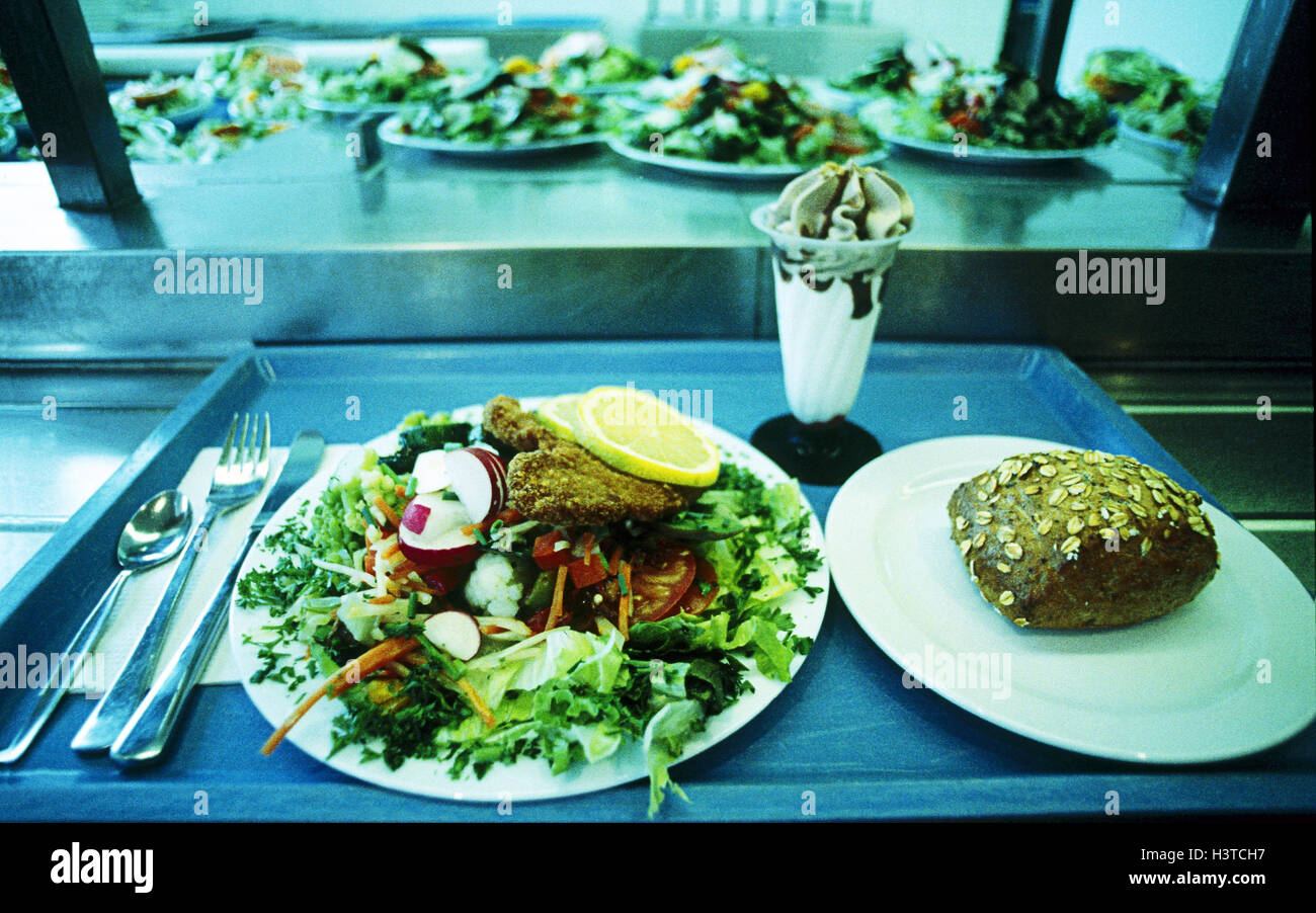 Canteen, tablet, food, salad plate, bread, dessert, Still life, menu
