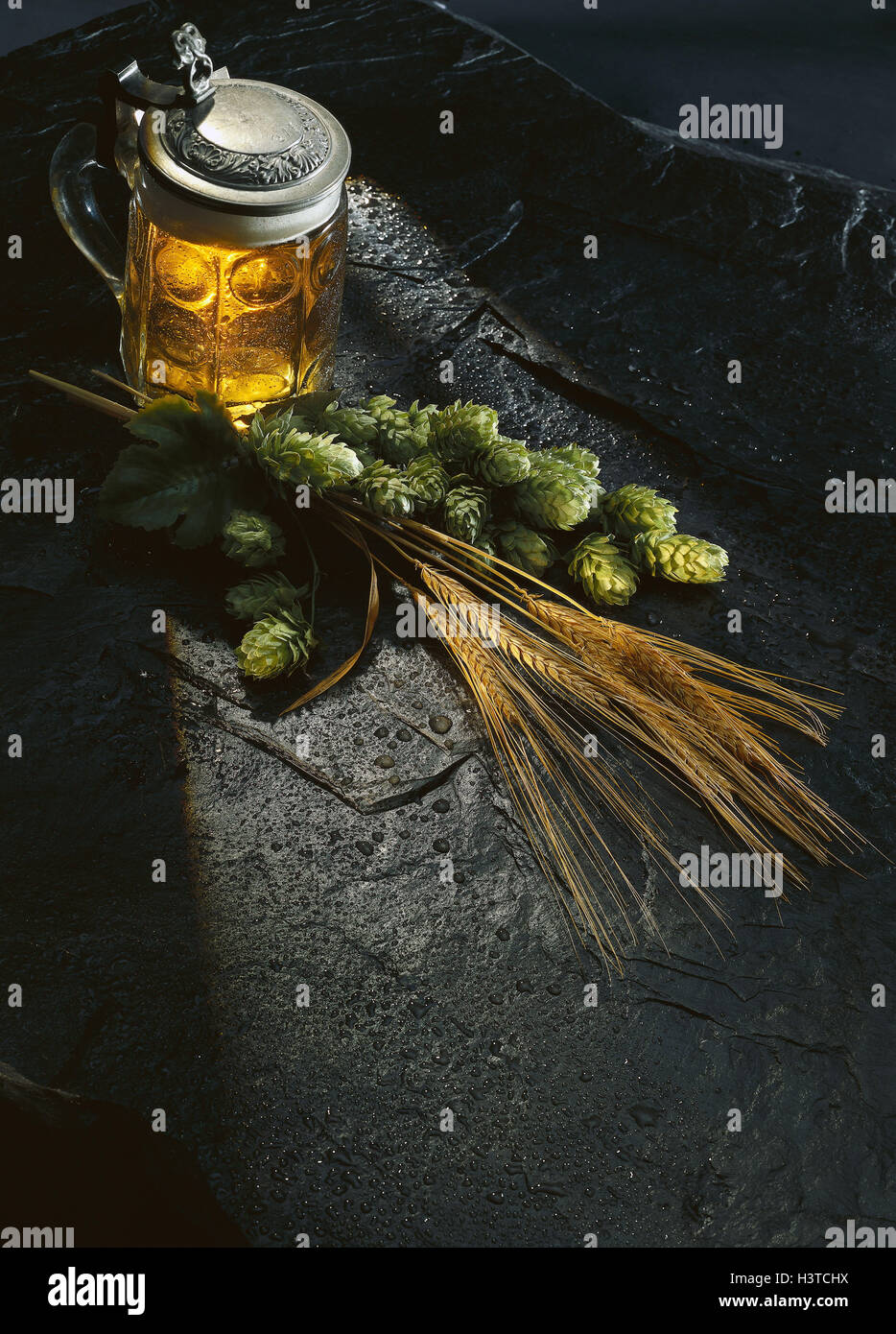 , Still life, beer mug, hop, grain, Still life, icon, purity requirement, law, beer, beer is brewing, eyebrows, brewing art, ingredients, barley, drink, alcohol, alcoholic, glass, jug, tin lid, Stock Photo
