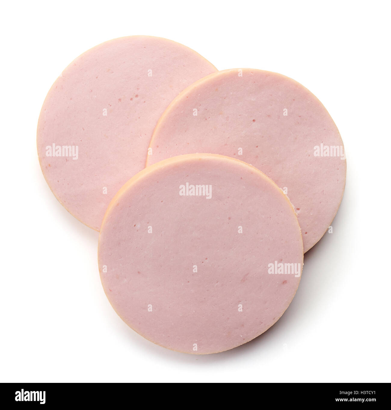 Sliced boiled ham sausage isolated on white background, top view Stock Photo