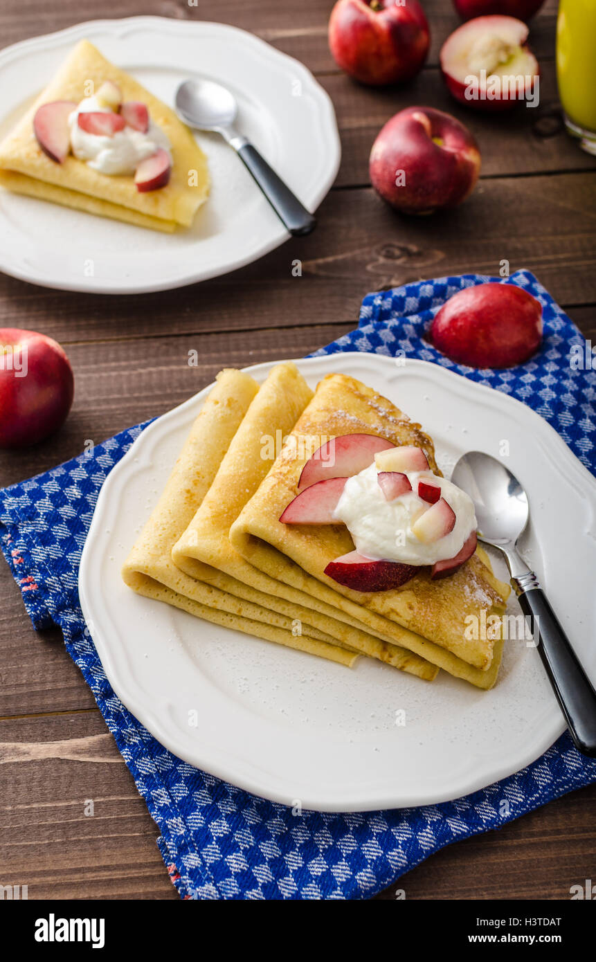 Fruit Emulsion Pancakes Reference: Cream Pancakes With Nectarines Fresh Fruit Gluten Free Stock Photo