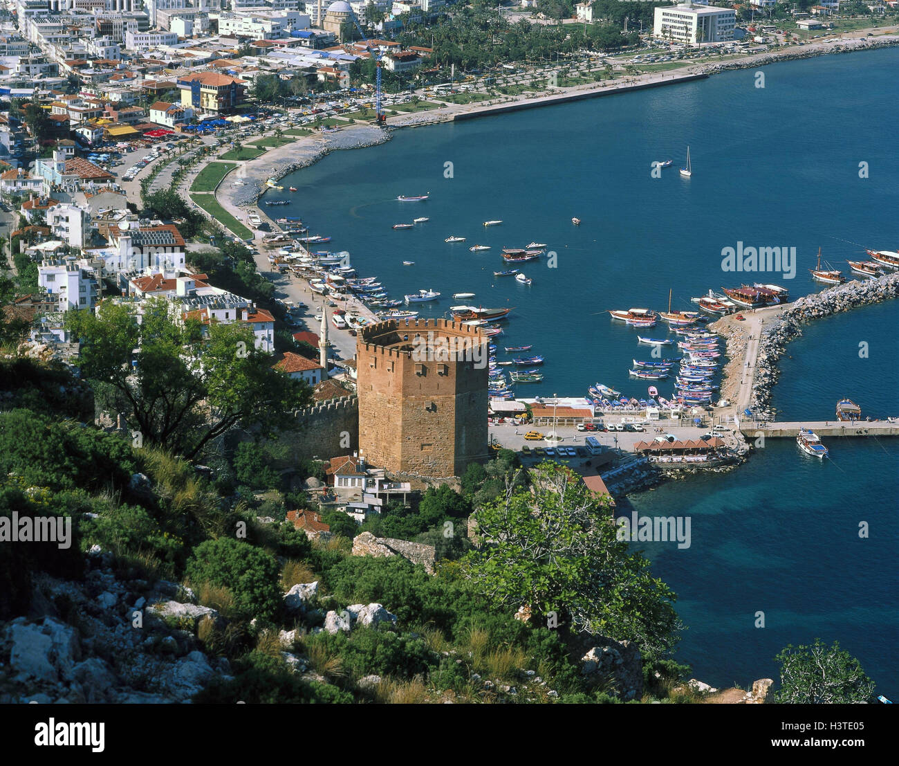 Turkey, Alanya, red tower, Kizil Kule, harbour, Europe, coast, sea, local view, town view, town, seaside resort, Turkish Riviera, tower, building, structure, architecture, fastening opus, culture, place of interest, holiday destination, holiday destinatio Stock Photo