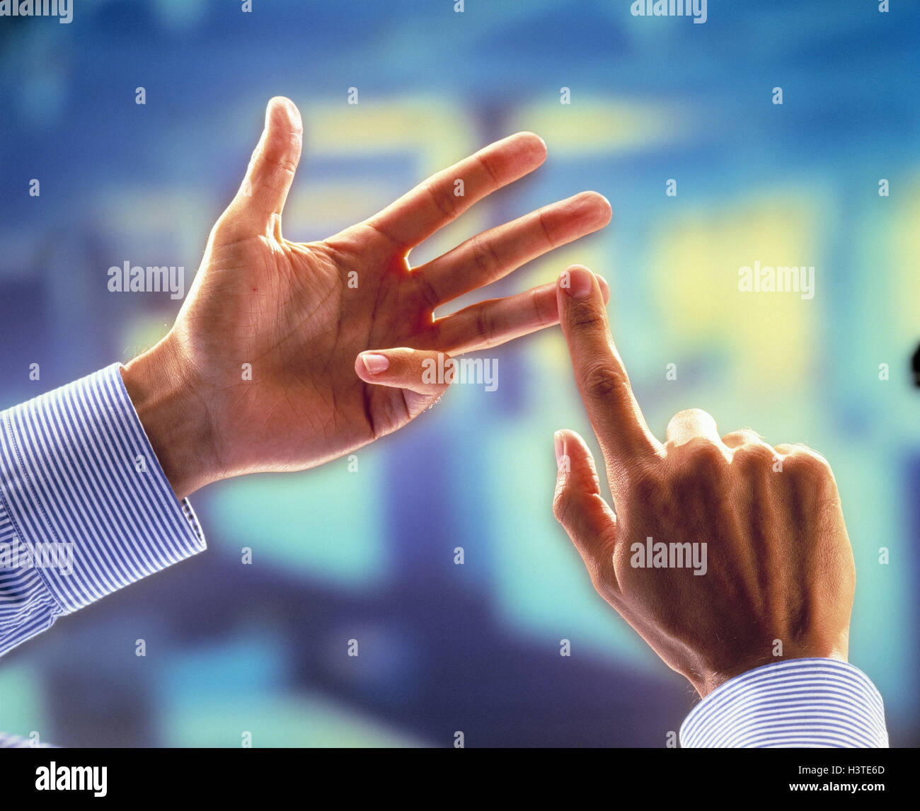 Man, detail, hands, fingers, enumerate man's hand, gesture, businessman, indicate, count, number, four, indicate, number, show, man's hands, cultivated Stock Photo