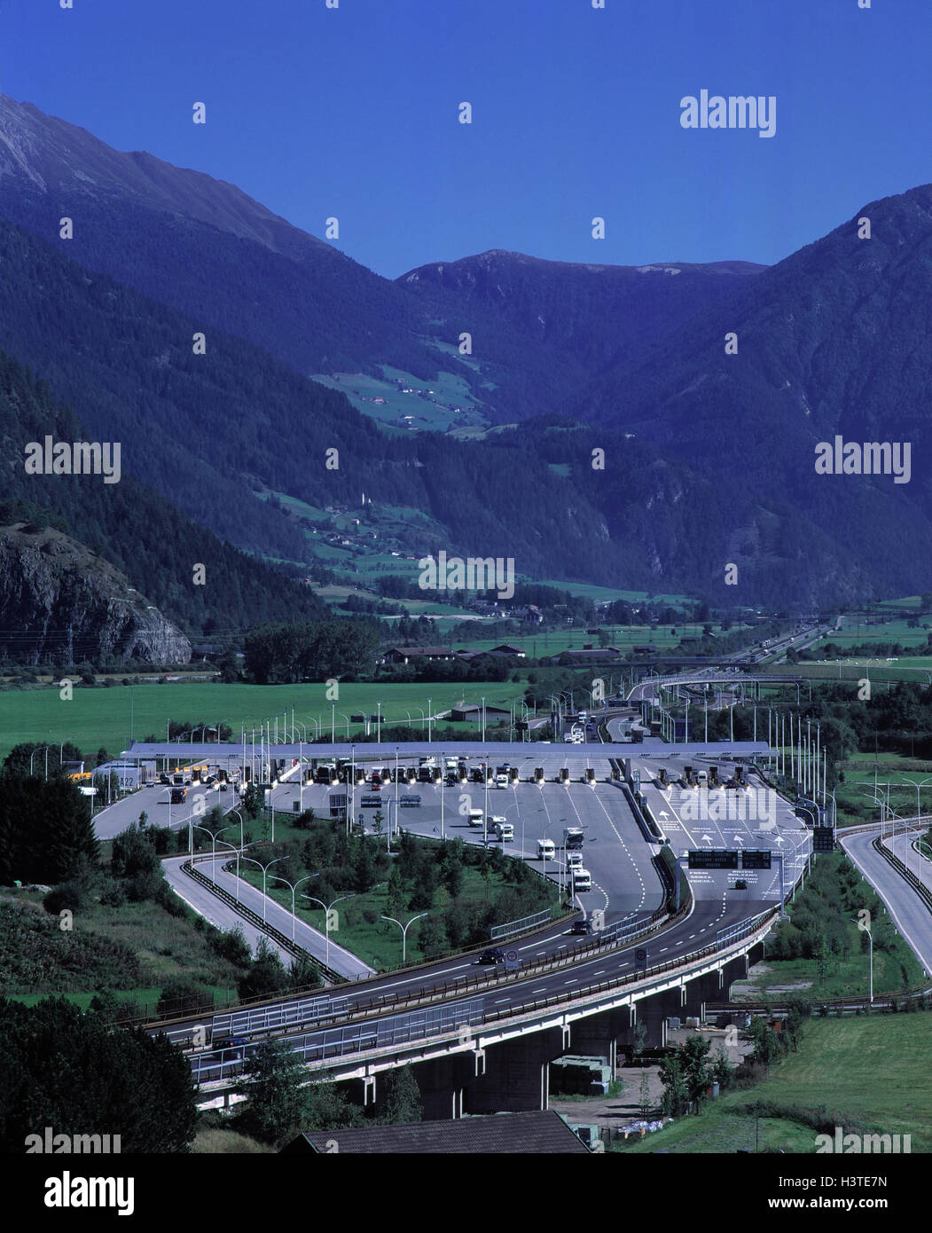 Italy, South Tyrol, Sterzing, toll place, programmer highway summer, toll, poor duty, Liable to toll, programmer highway, highway, programmer highway, traffic, connection, freeway, toll, highway traffic Stock Photo
