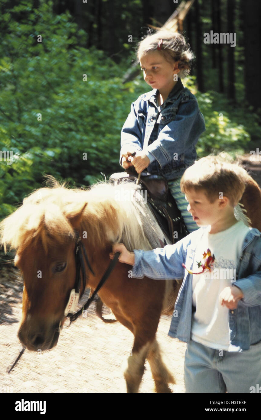 Forest way, children, pony, ride, wood, way, boy, girl, friends, friendship, pony horse riding, ride, ride out, animal-loving, hobby, leisure time, horse, small horse Stock Photo