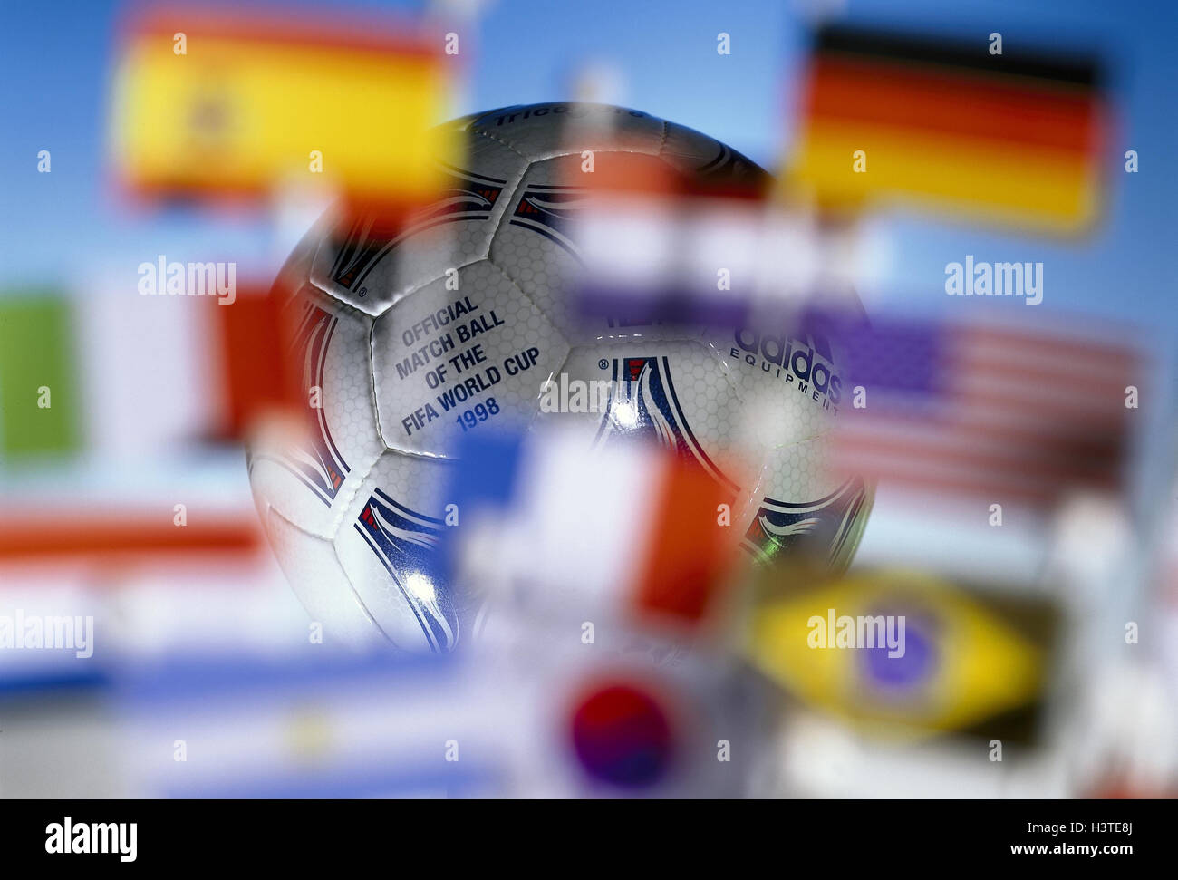Football, flags, internationally, blur, no property release, Still life, product photography, icon, sport, sport, ball, worldwide, world championship, world championship, Football World Cup, in 1998, flags, football nations, nations, participants, countri Stock Photo
