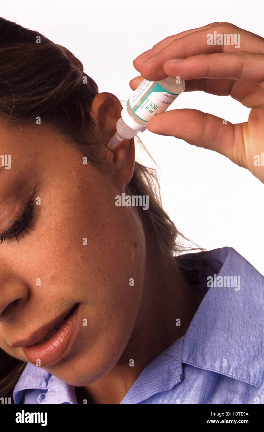 Woman, earache, ear drops, detail, model released, pains, ears, drug