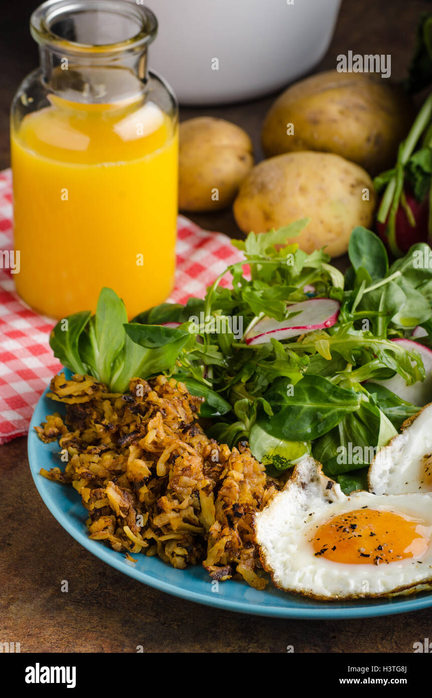 Hash Browns potato with eggs, easy to make, delicious breakfast Stock