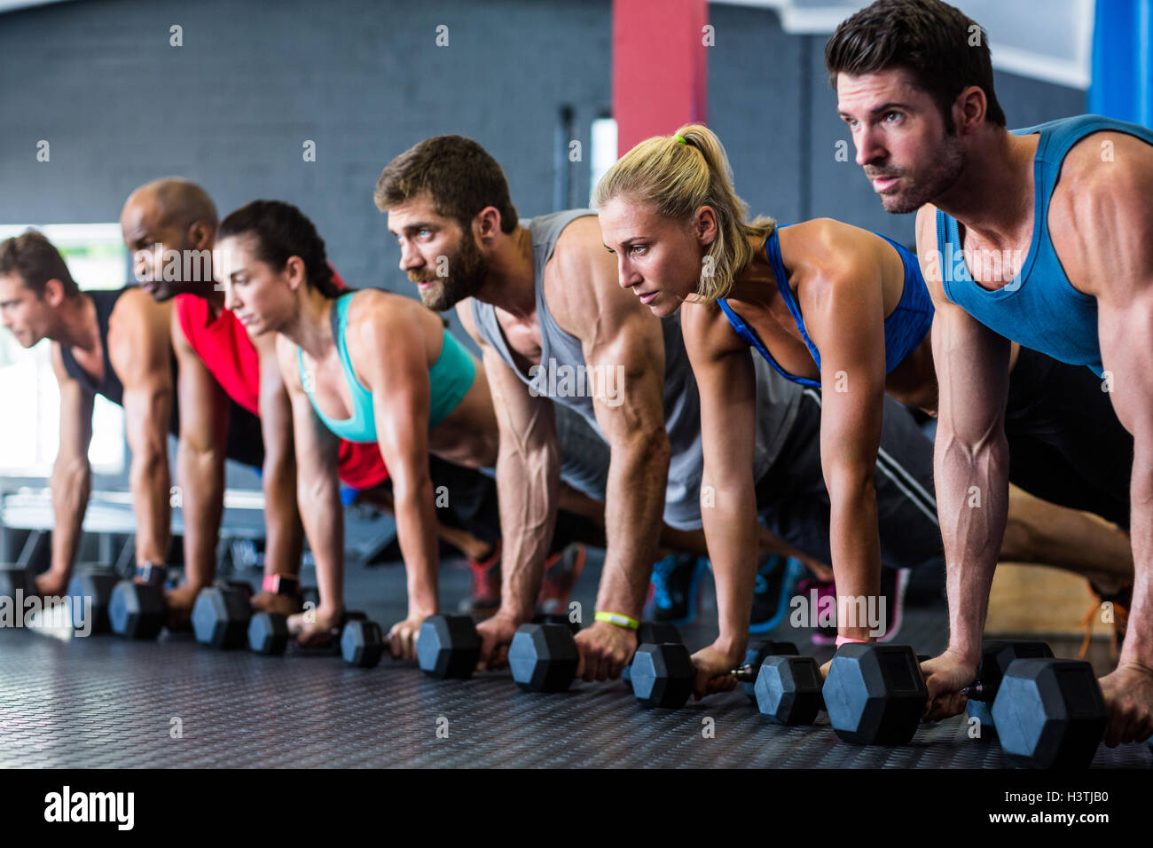 People doing push-ups with dumbbell in gym Stock Photo - Alamy