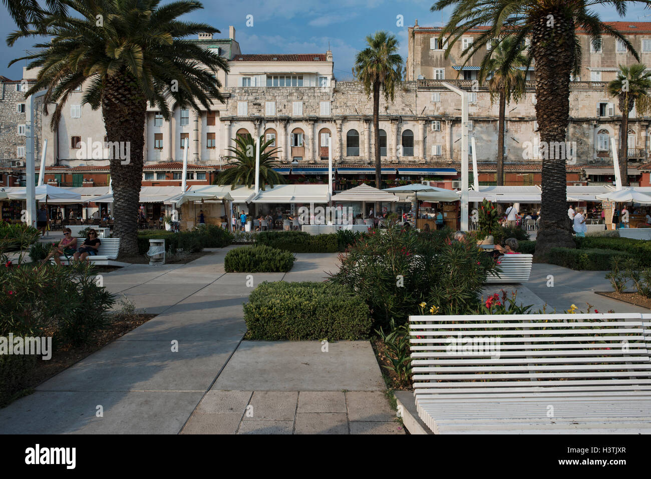 View on the Riva waterfront promenade in front of the southern facade of the Diocletian's Palace. Split, Split-Dalmatia County, Croatia. Stock Photo