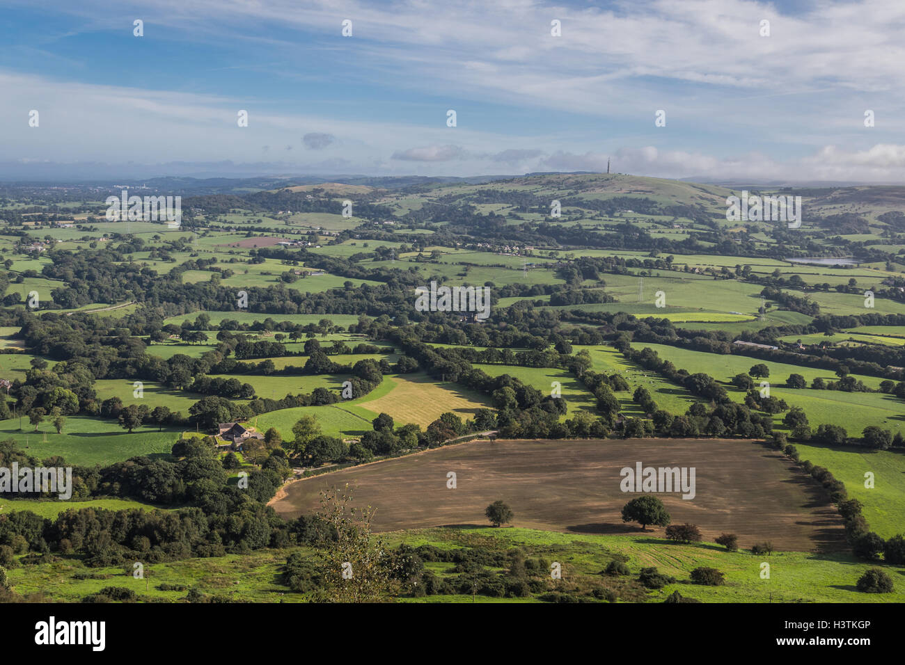 The Cheshire Plains. View from the summit of Bosley Cloud towards Sutton Common Radio Tower at Croker Hill, Cheshire, UK Stock Photo