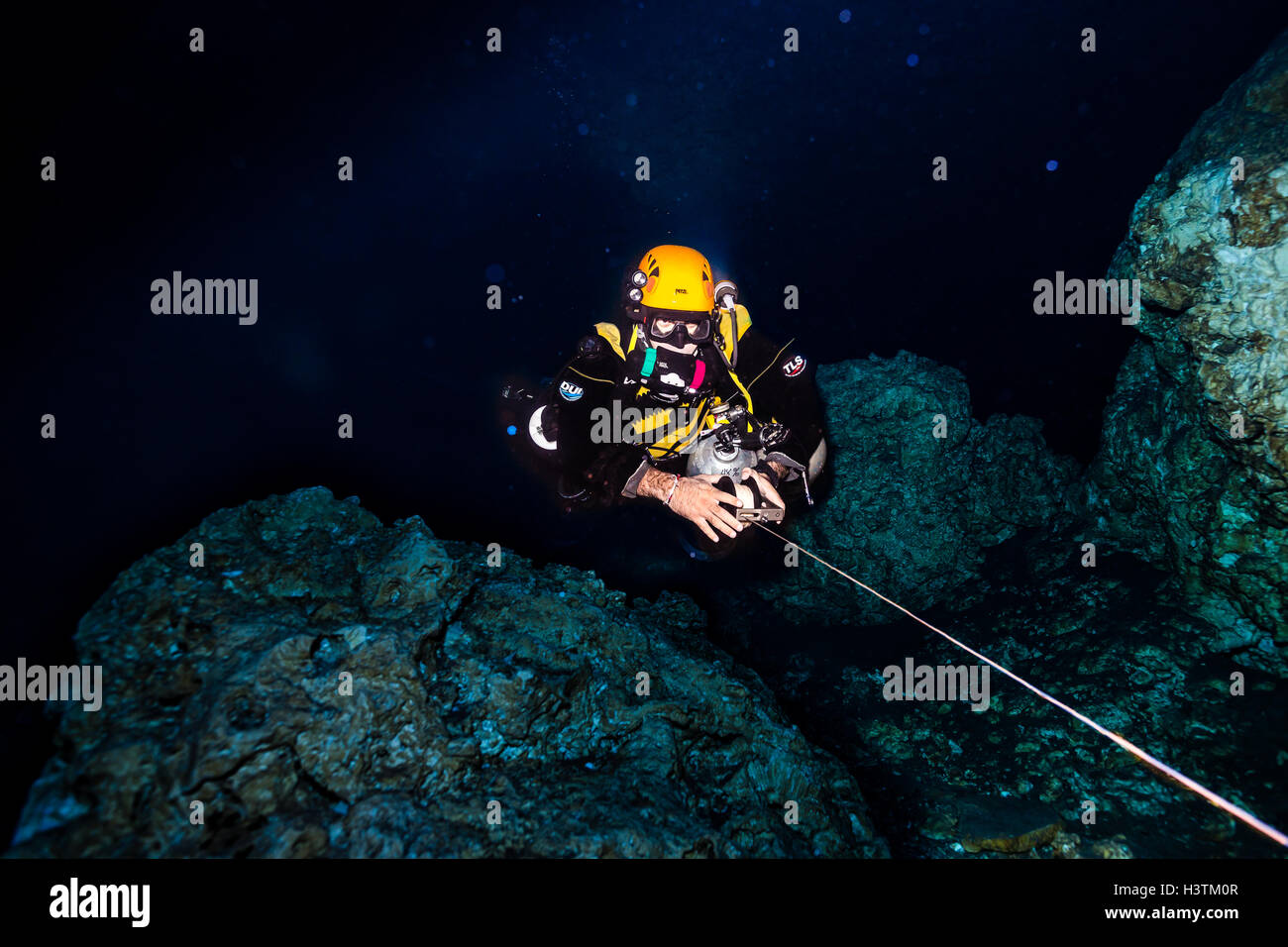 Cave Diver in Cavern Cenote, Yucatan Tulum Mexico Stock Photo