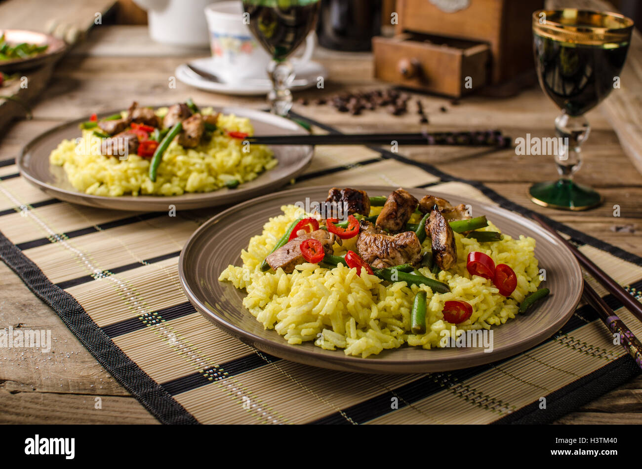 Curry rice with crisp chicken meat and chilli, old style photo Stock