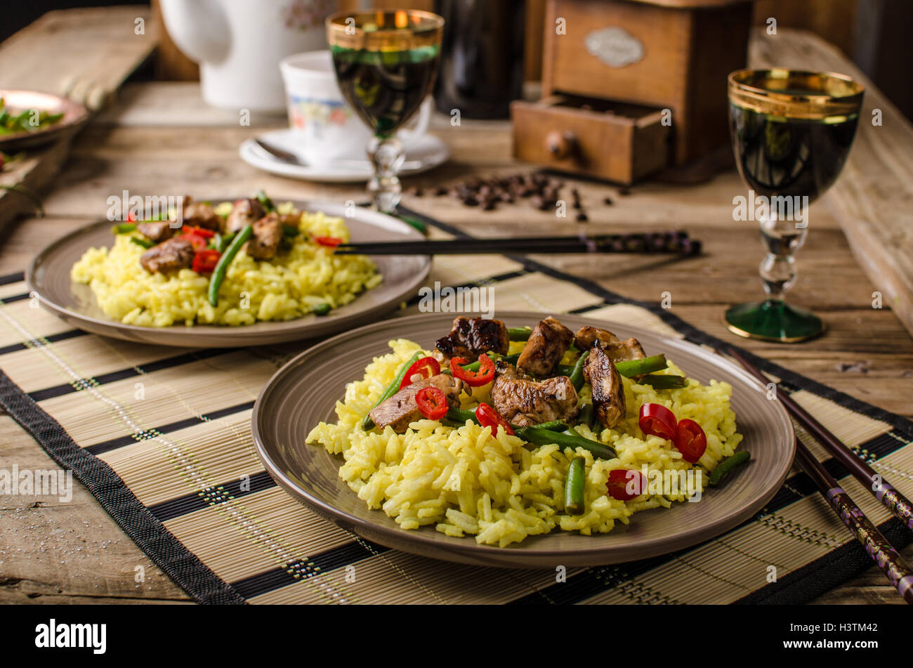 Curry rice with crisp chicken meat and chilli, old style photo Stock