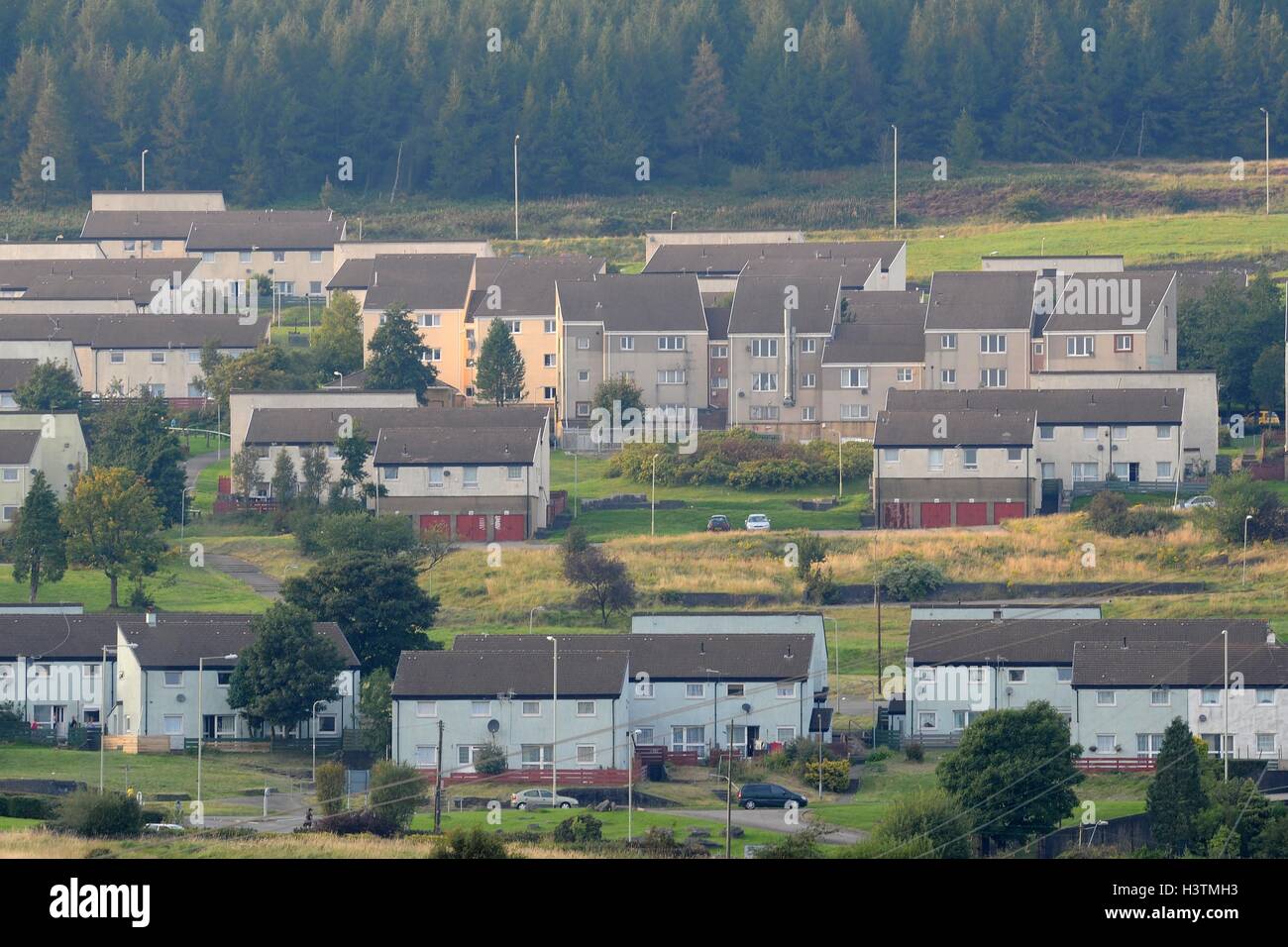 Houses at the Penrhys council housing estate in Rhondda, Wales, UK