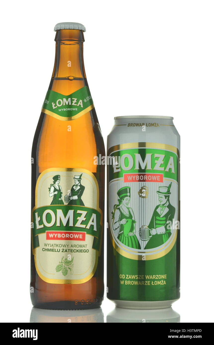Lomza unpasteurized lager beer isolated on white background. Lomza