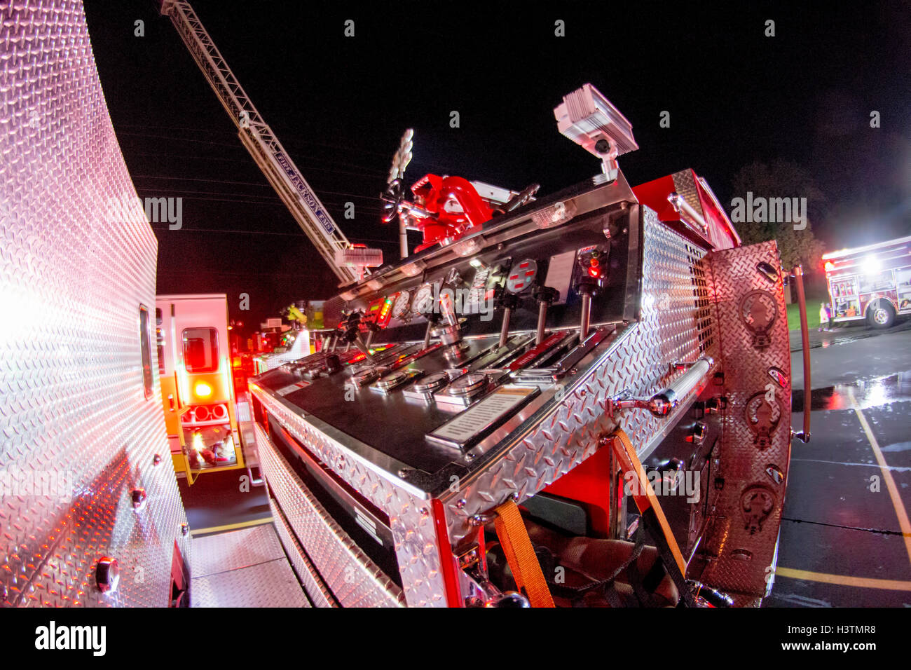 Fire engine controls at night Stock Photo