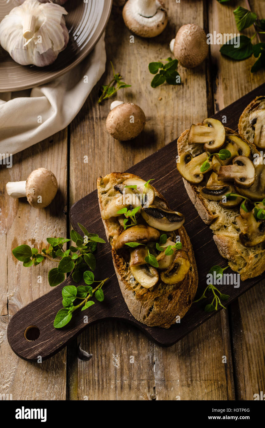 Rustic Toast bread with garlic, mushrooms and herbs, rustic styled ...
