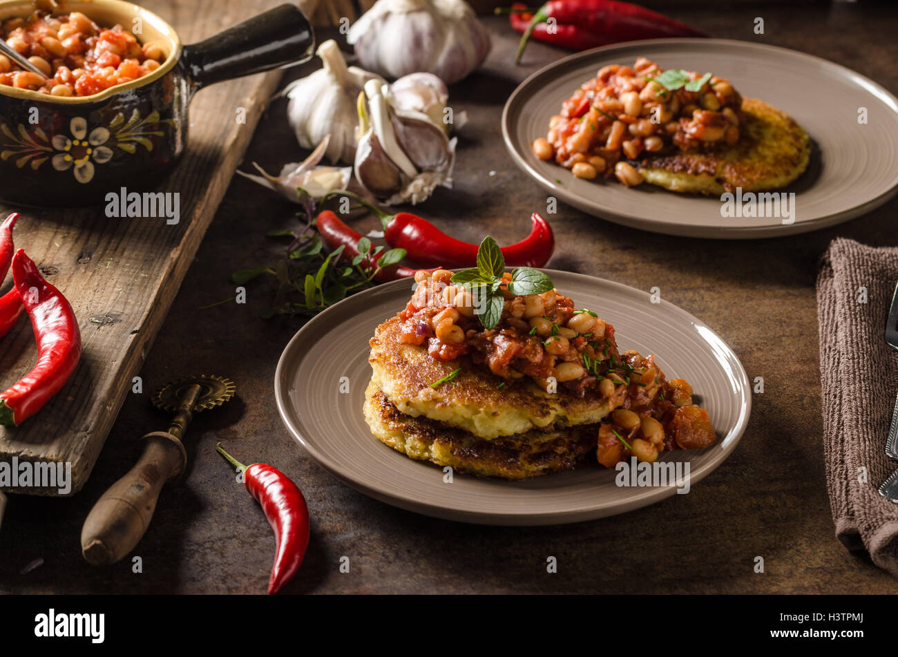 Bake beans with fluffy potato cakes, spicy and delicious breakfast