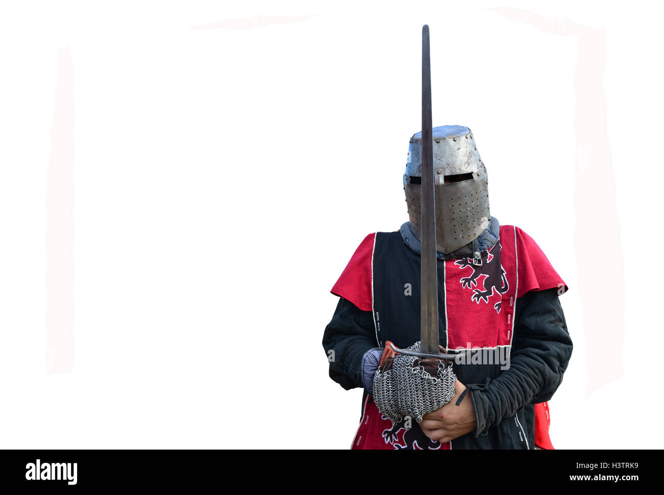 medieval metal armor and helmet knight isolated over white Stock Photo