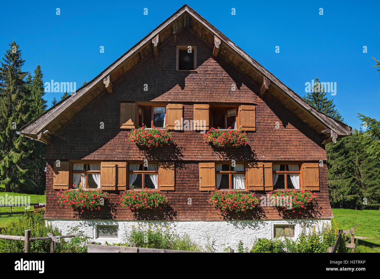 House with wooden shingle facade, Balderschwang, Oberallgäu, Bavaria, Germany Stock Photo