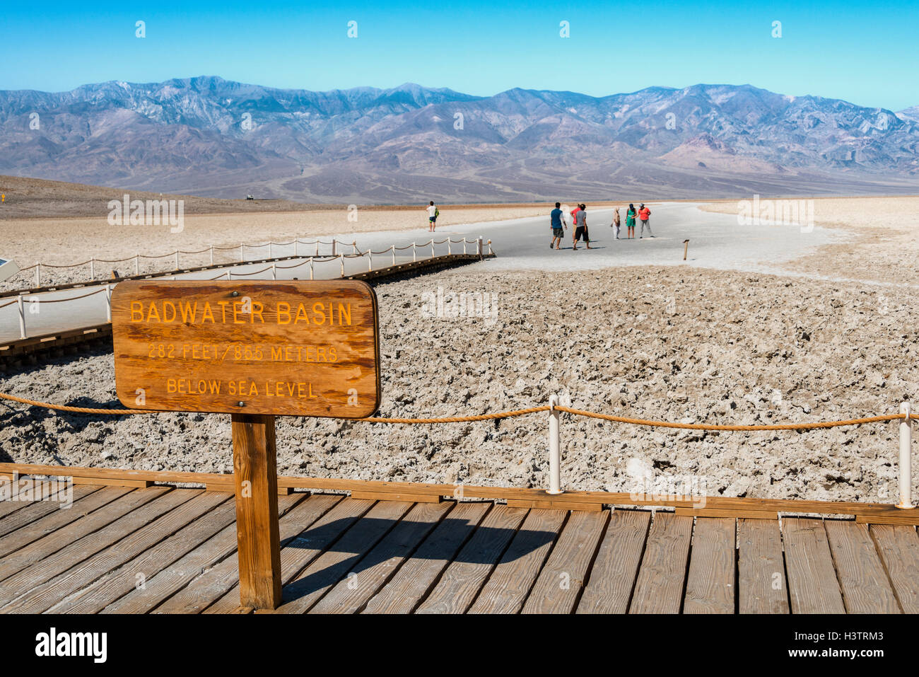 Sign marking Badwater Basin, the lowest point in North America, Death Valley, Mojave Desert, California, USA Stock Photo