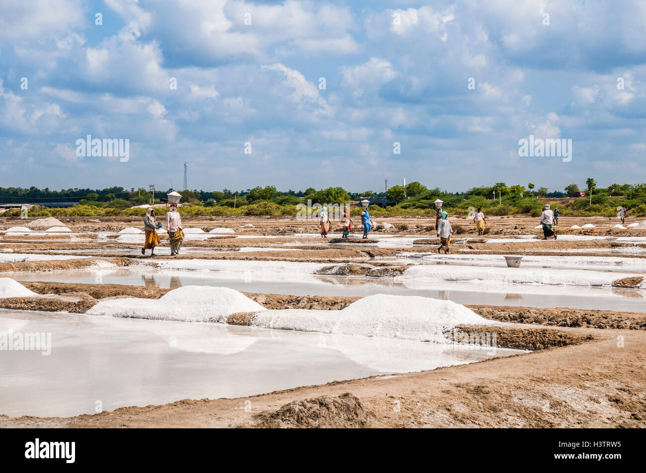 Salt mine workers, water basin for salt extraction, salt mine at