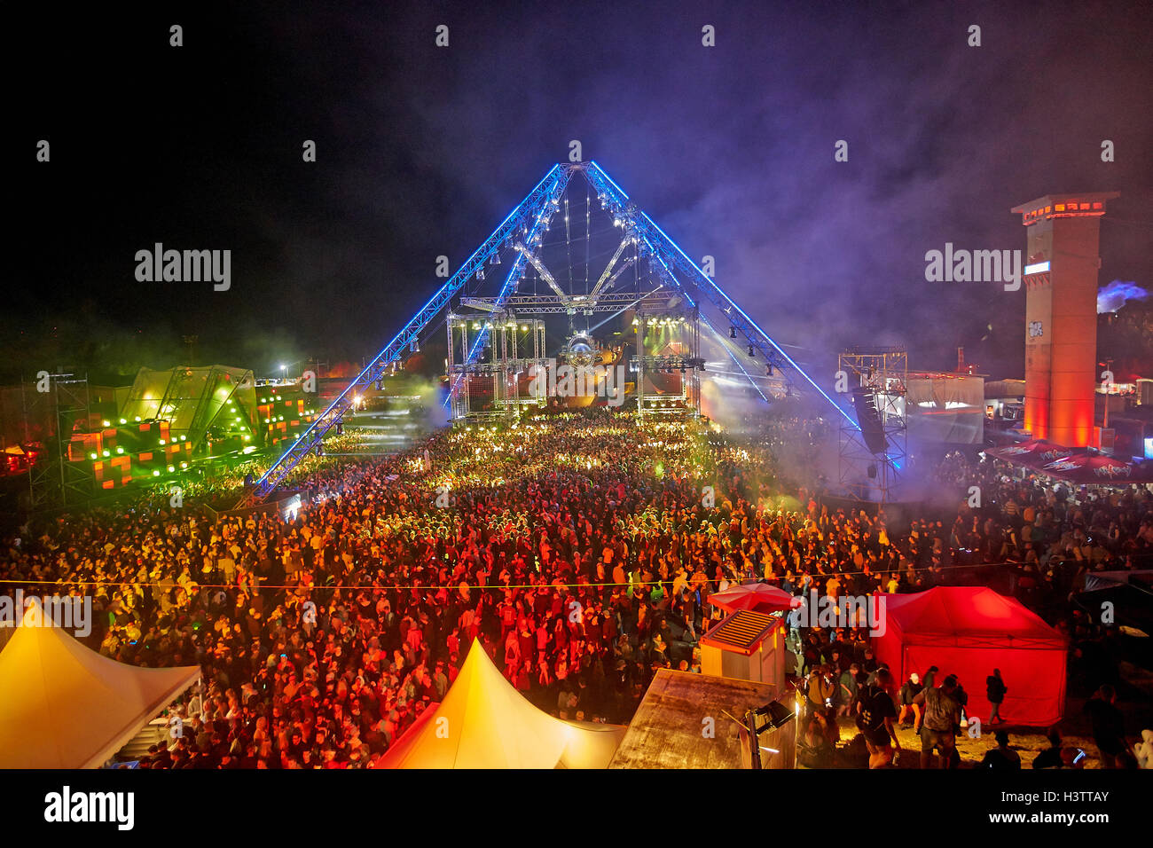 Crowd in front of the stage, European Festival Nature One 2016 electronic dance music, Kastellaun, Rhineland-Palatinate, Germany Stock Photo