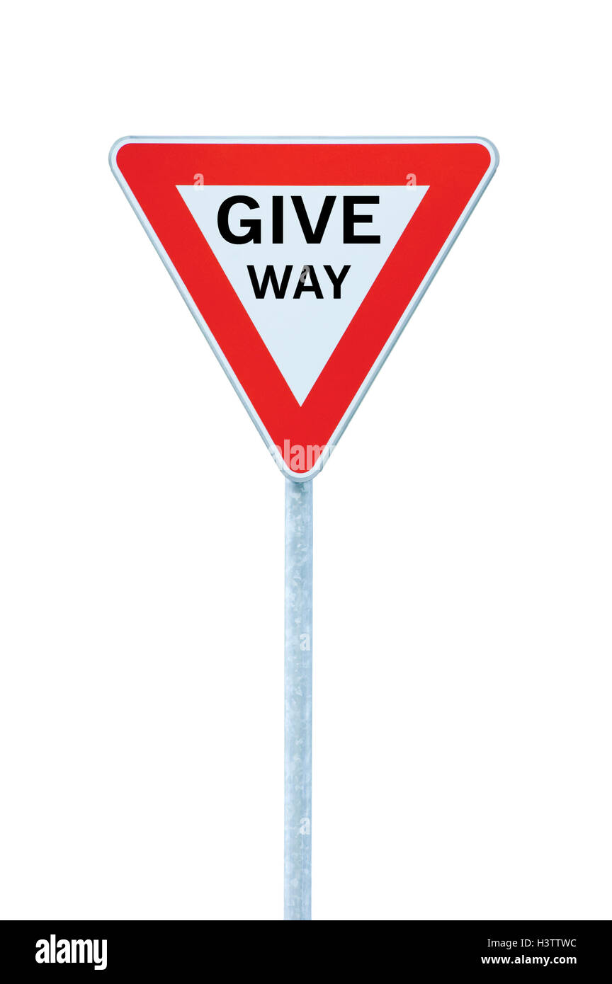 Give way text priority yield traffic road sign on pole post, large detailed isolated closeup Stock Photo