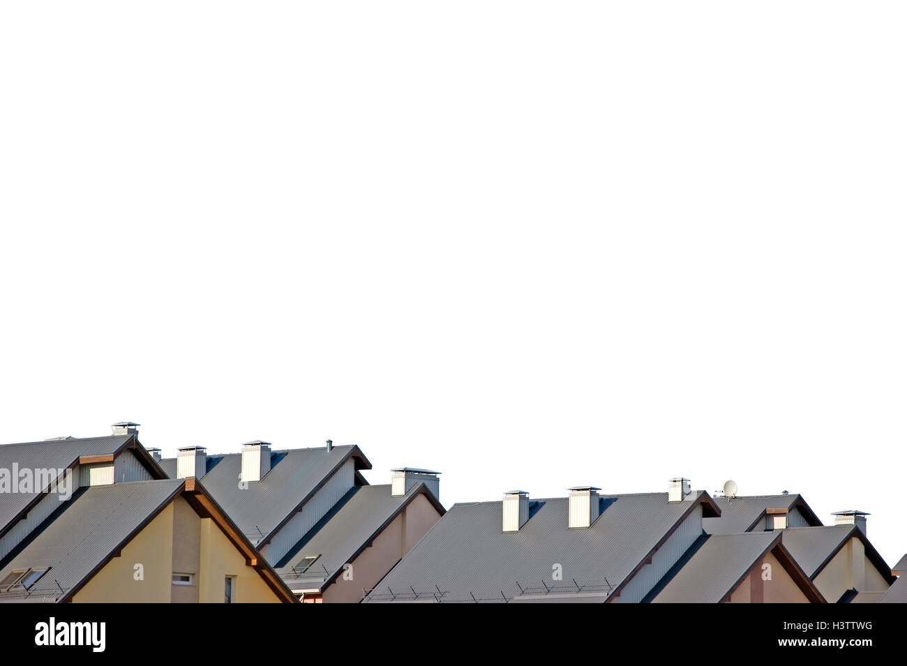 Rowhouse Roofs Panorama, Isolated Rooftops, Large Detailed Horizontal Panoramic Copy Space, Row House Apartments, Modern Condos Rooftop Group Stock Photo