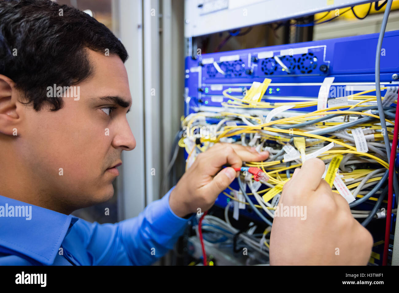 Technician checking cables in a rack mounted server Stock Photo Alamy
