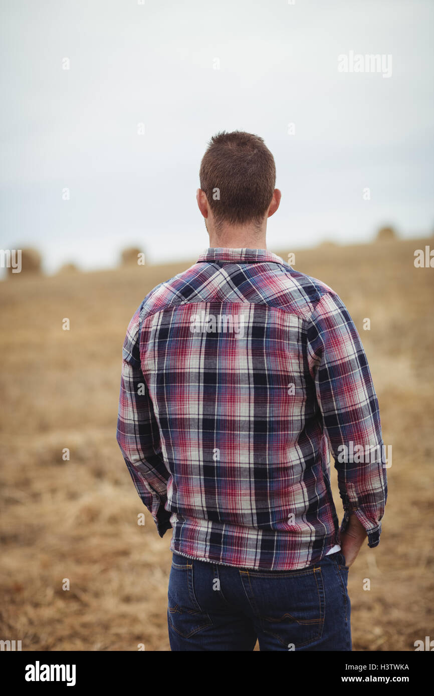 Rear view of farmer standing in the field Stock Photo - Alamy