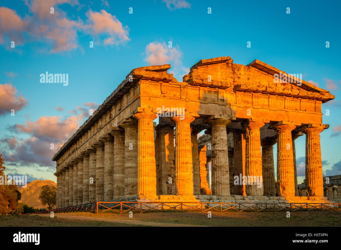 Paestum was a major ancient Greek city on the coast of the Tyrrhenian Sea in Magna Graecia (southern Italy). Stock Photo