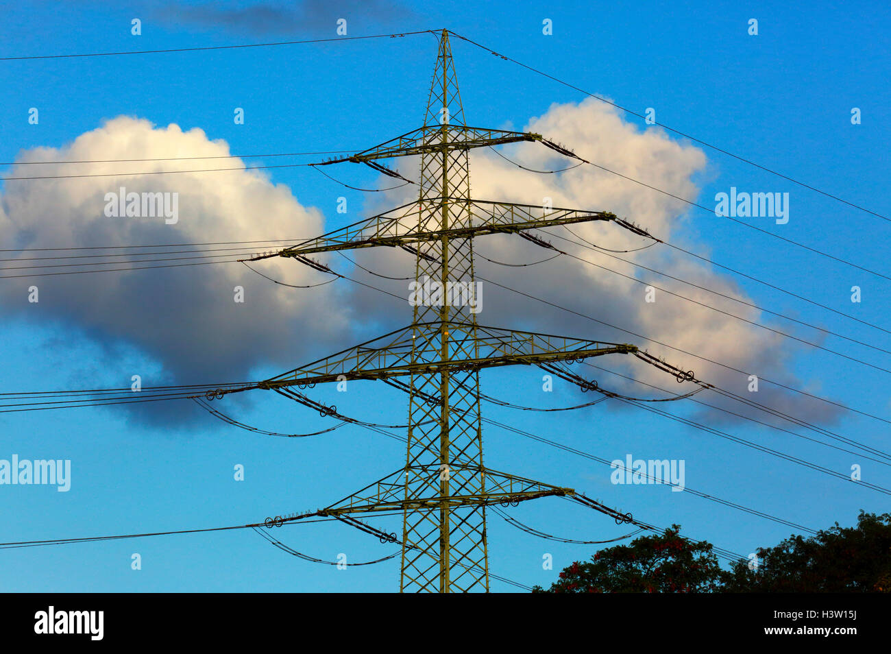 energy, electricity, high-voltage pole, power lines, clouds, Germany, North Rhine-Westphalia, NRW, Rhineland, Ruhr area, D-Oberhausen Stock Photo