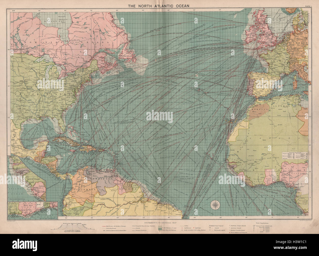 North Atlantic Ocean sea chart. Ports lighthouses mail routes. LARGE c1914 map Stock Photo