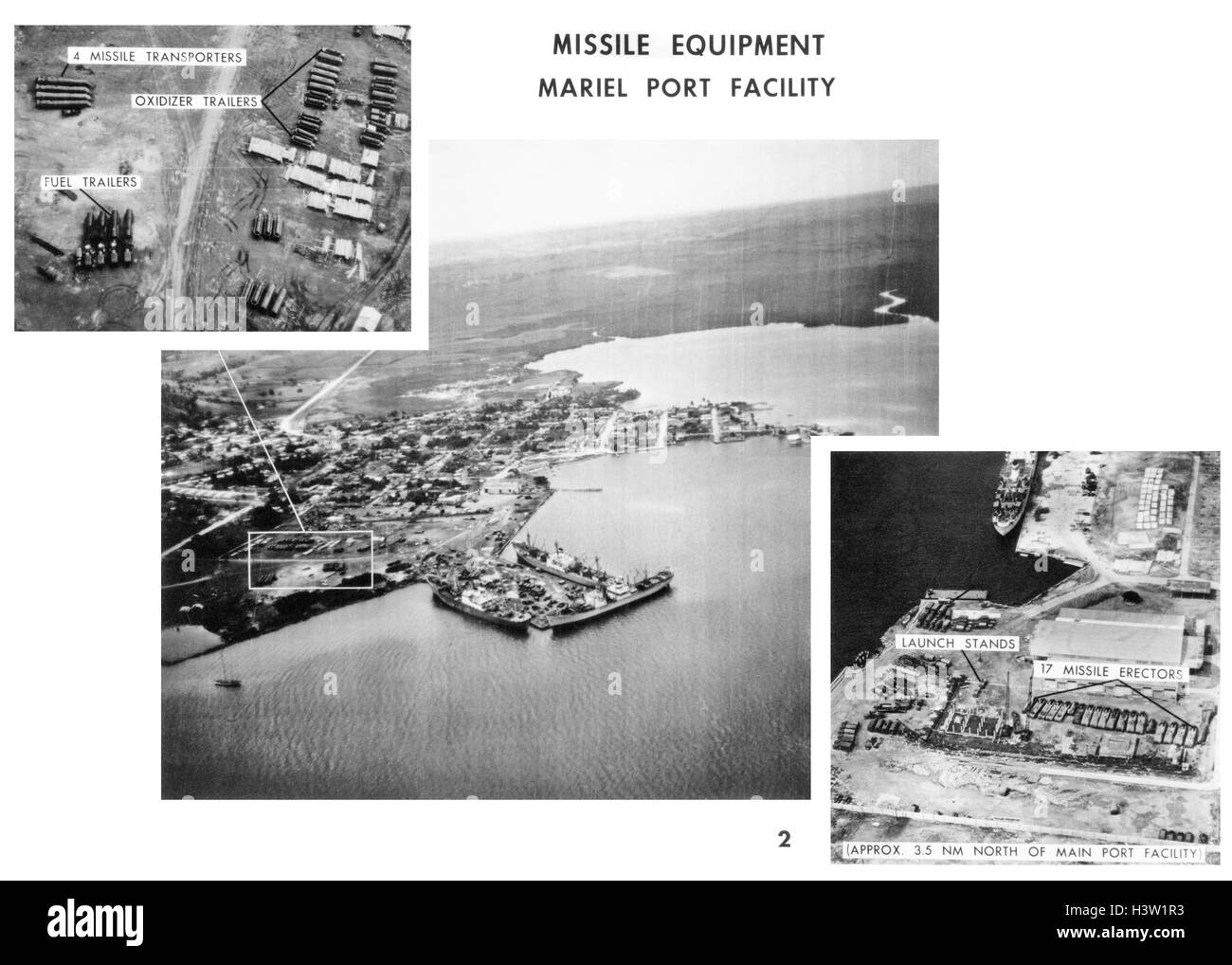 1960s NOVEMBER 4 1962 AERIAL VIEWS REVEAL VARIOUS MISSILE RELATED SITES & 3 SOVIET FREIGHTERS MARIEL NAVAL PORT CUBA Stock Photo