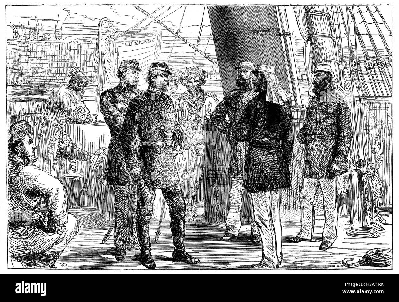 CSS Shenandoah was an iron-framed, teak-planked, full-rigged ship, with auxiliary steam power registered in Liverpool, England in 1865. She was purchased by the Confederacy and secretly moved from England to the Canary Islands, to convert her into a fighting ship. Over the next six weeks, Shenandoah scoured the South Atlantic, destroying or bonding over eight Union ships, before developing a problem with her propeller shaft, off the coast of South America. To avoid  patrolling Union warships she sailed  to Melbourne, 9600 kilometres away. Stock Photo