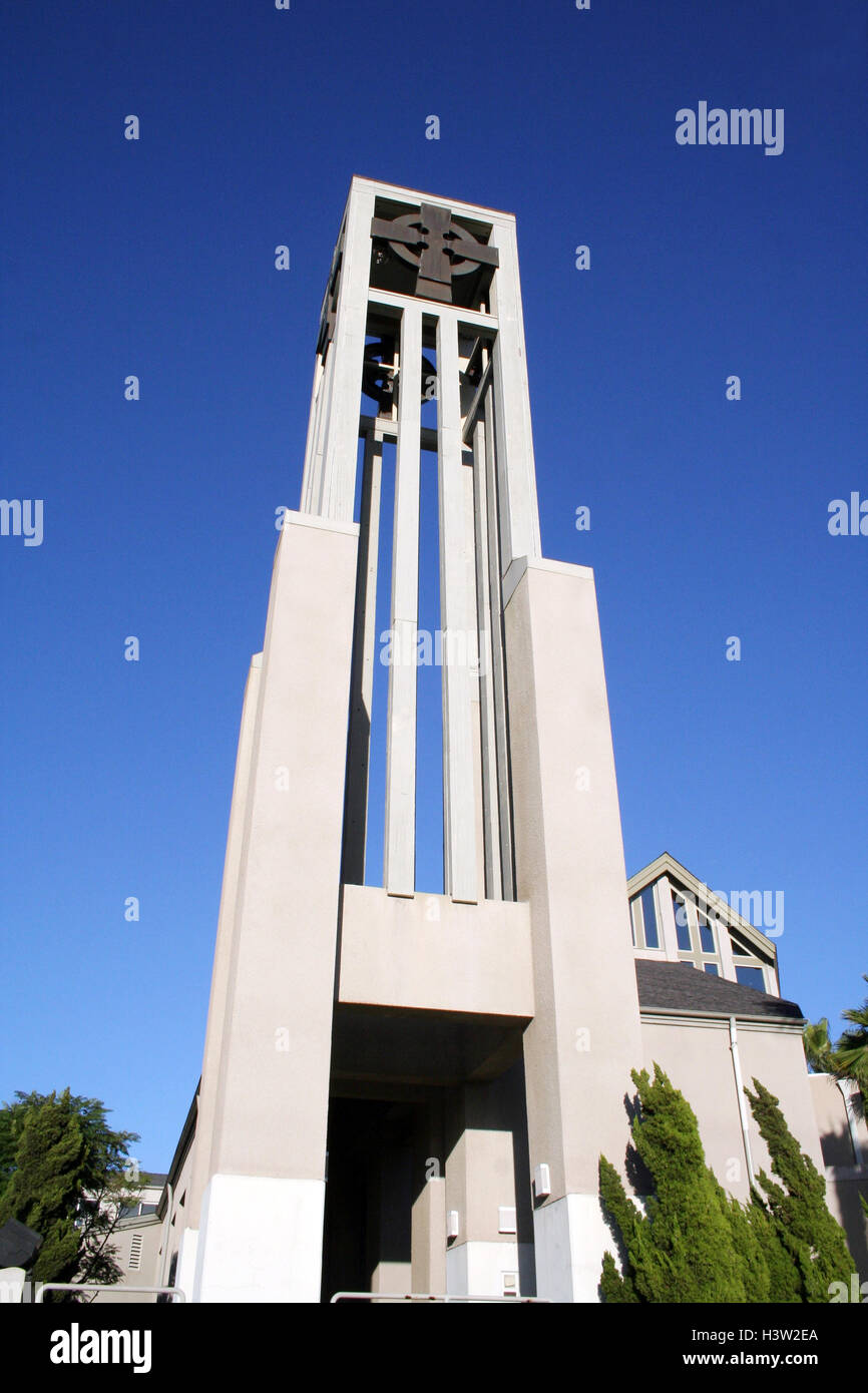 Church Bell Tower with Blue Sky Background Stock Photo - Alamy