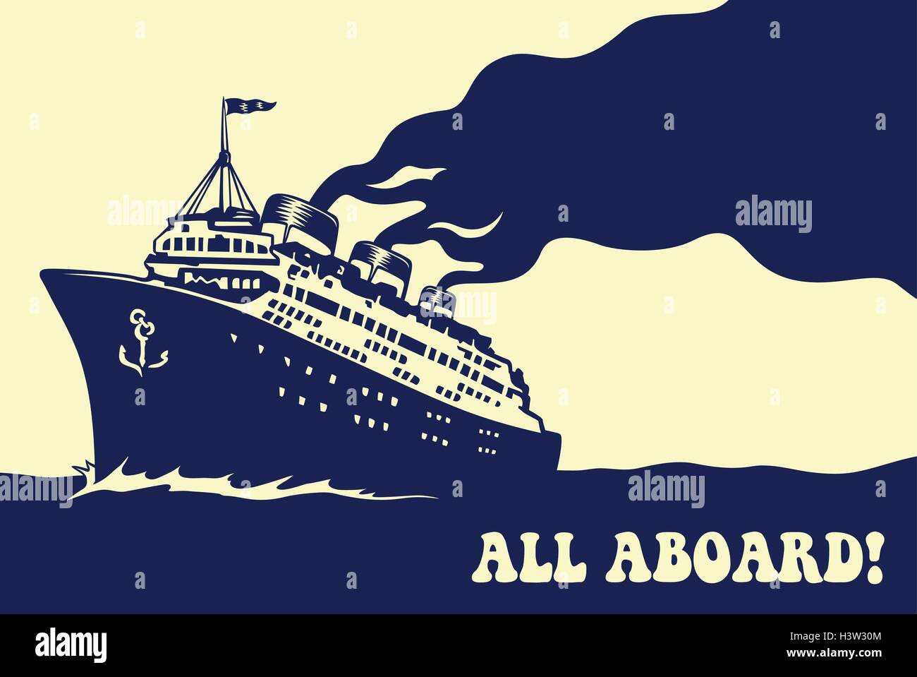 All aboard! Vintage steam transatlantic ocean cruise liner ship with smoke puff, retro traveling isolated vector illustration Stock Vector